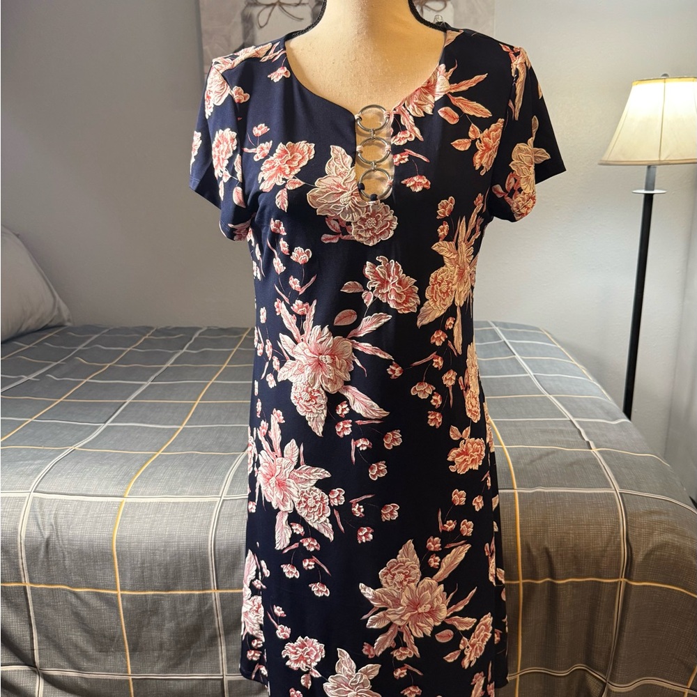 👗NWT MSK Floral Navy Dress with Pink Accents Size M
